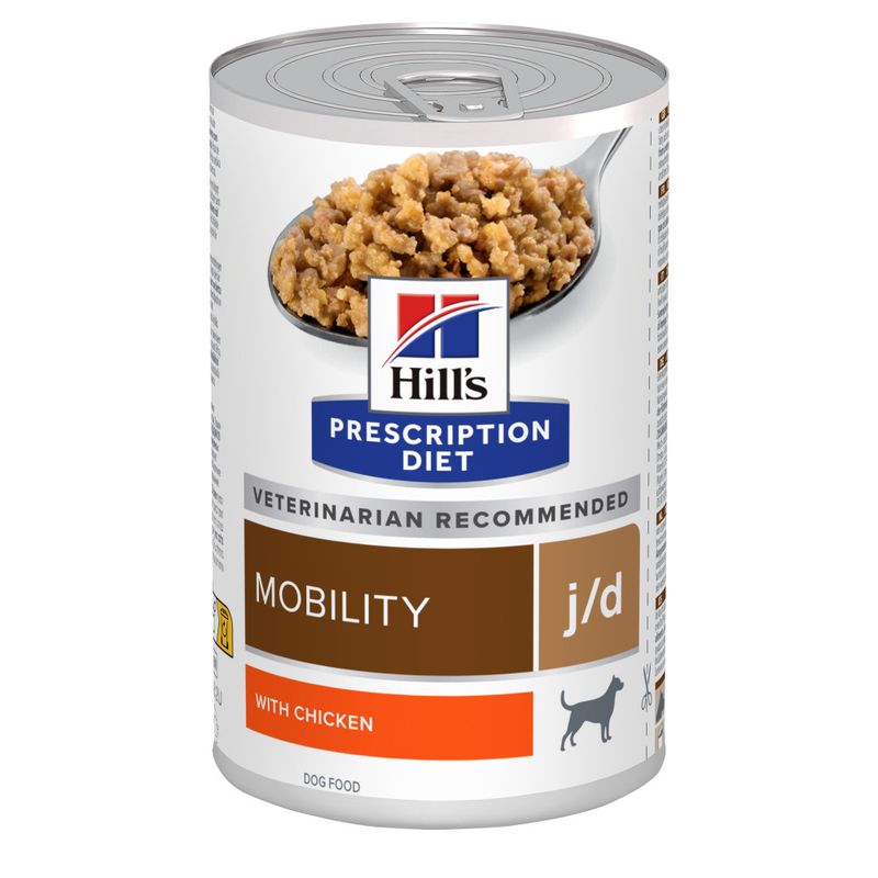 Hill's Prescription Diet can labelled as veterinarian recommended, mobility j/d, with chicken, dog food. Image shows product contents on a spoon.