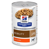 Hill's Prescription Diet can labelled as veterinarian recommended, mobility j/d, with chicken, dog food. Image shows product contents on a spoon.