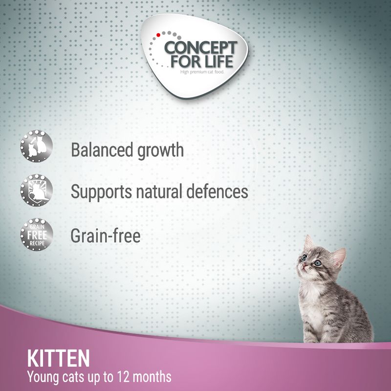 Concept for Life kitten food features: balanced growth, supports natural defences, grain-free. For young cats up to 12 months.
