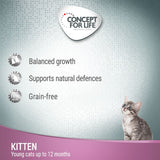 Concept for Life kitten food features: balanced growth, supports natural defences, grain-free. For young cats up to 12 months.