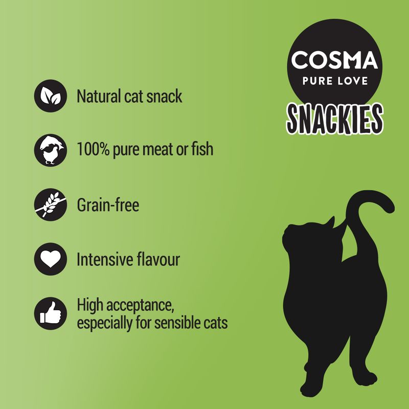 Cosma Snackies: natural cat snack, 100% pure meat or fish, grain-free, intensive flavour, high acceptance especially for sensible cats.