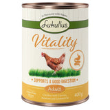 Lukullus Vitality Adult, grain-free recipe with chicken, carrots, potatoes and linseed oil. Supports good digestion. 400g can.