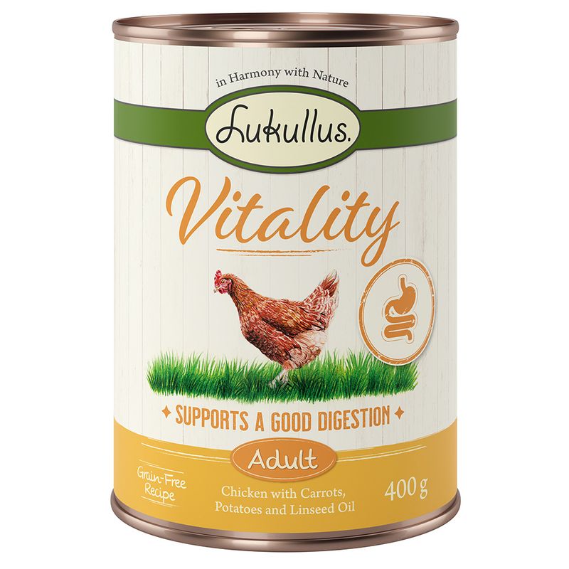 Lukullus Vitality Adult, grain-free recipe with chicken, carrots, potatoes and linseed oil. Supports good digestion. 400g can.