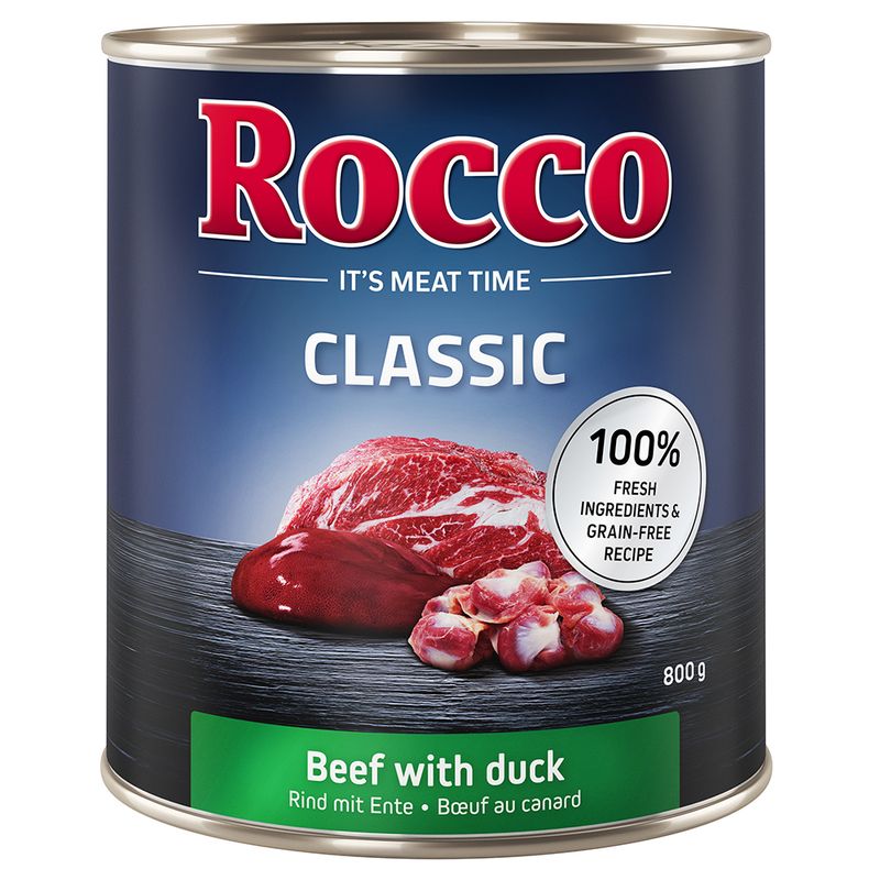 Rocco Classic beef with duck, 800g can. 100% fresh ingredients and grain-free recipe.