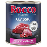 Rocco Classic beef with veal hearts, 800g can. 100% fresh ingredients and grain-free recipe.
