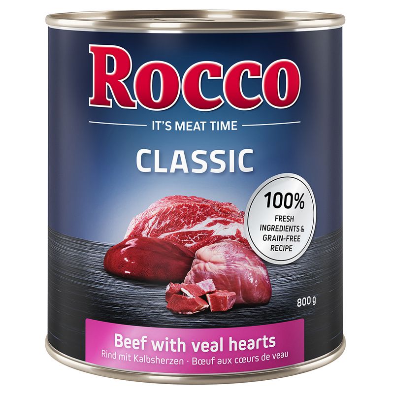 Rocco Classic beef with veal hearts, 800g can. 100% fresh ingredients and grain-free recipe.