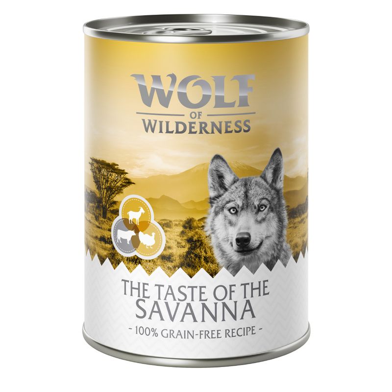 Wolf of Wilderness wet food can, The Taste of the Savanna, 100% grain-free recipe.