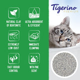 Product features: natural clay of bentonite, ultra absorbent and efficient, extremely low-dust, immediate clumping, fast odour control, with pine scent. Image of granules shown.