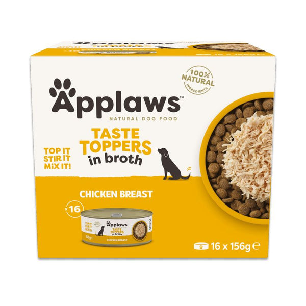 Applaws Taste Toppers in broth, 100% natural ingredients, chicken breast, 16 cans of 156g each. Top it, stir it, mix it!