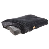 Black rectangular pet bed with soft plush cover and visible brand label on the side.