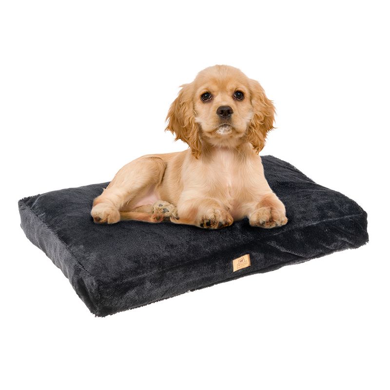 Black dog cushion with soft surface and rectangular shape, visible brand label on the side.