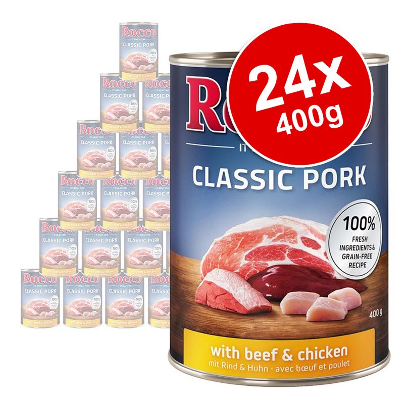 Pack of 24 cans, each 400g, labelled Classic Pork with beef and chicken, 100% fresh ingredients, grain-free recipe.