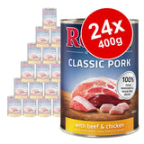 Pack of 24 cans, each 400g, labelled Classic Pork with beef and chicken, 100% fresh ingredients, grain-free recipe.