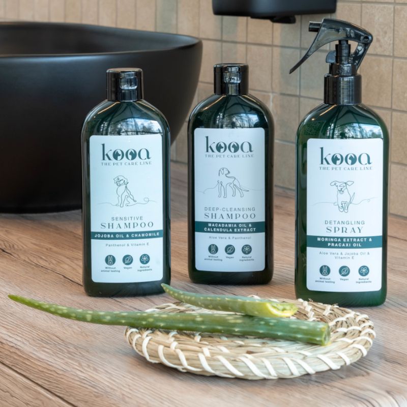 kooa The Pet Care Line: Sensitive Shampoo with jojoba oil & chamomile, Deep-Cleansing Shampoo with macadamia oil & calendula extract, Detangling Spray with moringa extract & pracaxi oil.