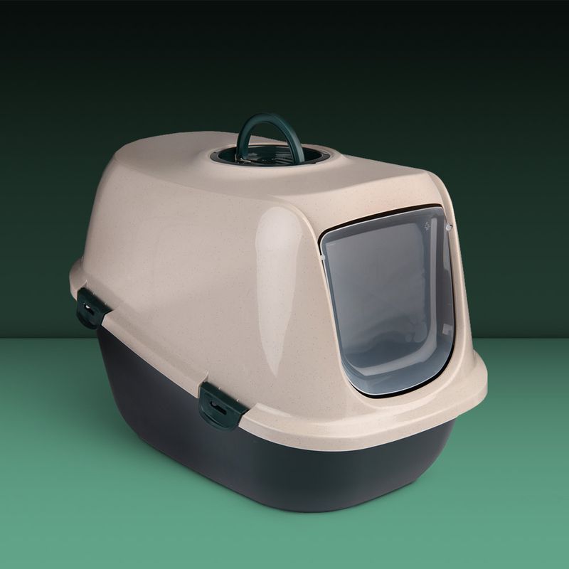 Closed cat litter box with beige lid, dark grey base and transparent swing door. With top carrying handle and side locks.