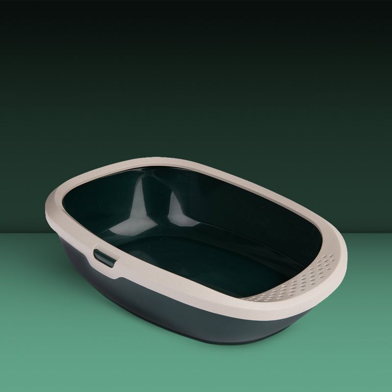Dark green plastic tray with beige rim and textured surface, suitable for various uses.
