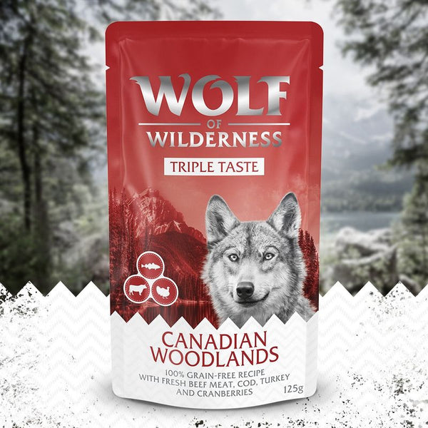 Wolf of Wilderness Triple Taste Canadian Woodlands, 100% grain-free recipe with fresh beef, cod, turkey and cranberries, 125g.