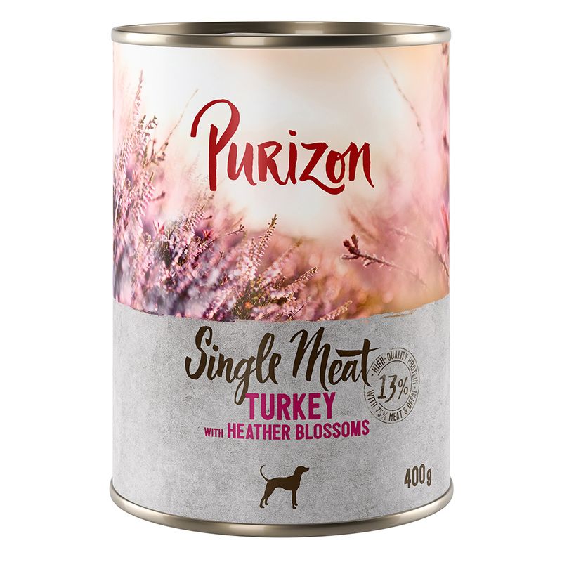 Purizon Single Meat Turkey with Heather Blossoms, 13% fresh meat, 400g can for dogs.