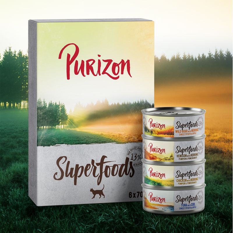 Purizon Superfoods selection pack with four tins showing flavours: wild boar and herring, venison and herring, chicken with herring, tuna and cod. 6 x 70g.