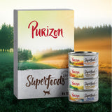 Purizon Superfoods selection pack with four tins showing flavours: wild boar and herring, venison and herring, chicken with herring, tuna and cod. 6 x 70g.