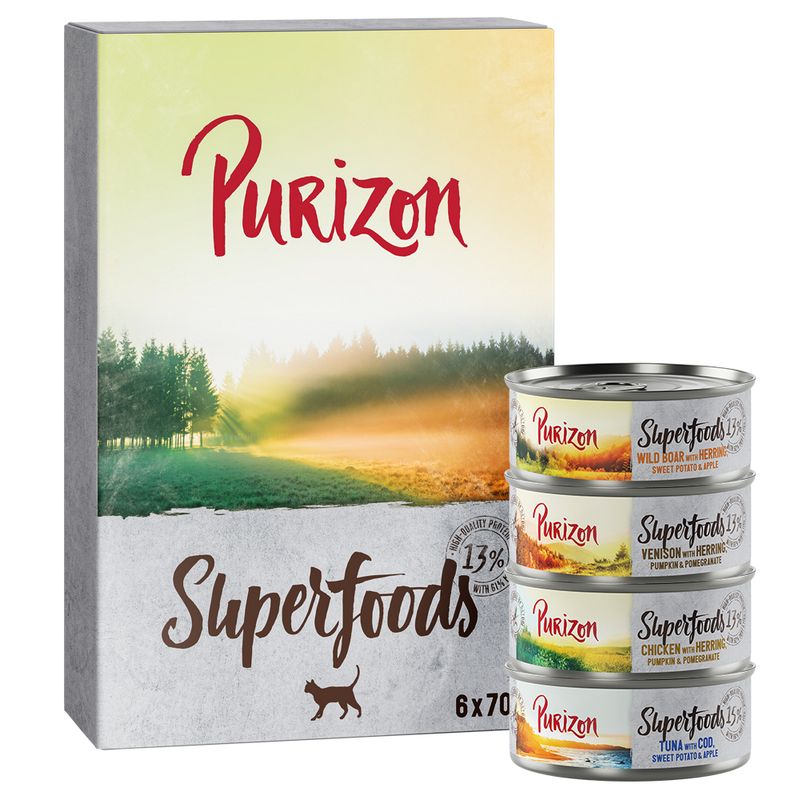 Purizon Superfoods cat food, 6x70g cans with varieties: wild boar, venison, chicken, tuna. High protein content of 13%, grain-free.