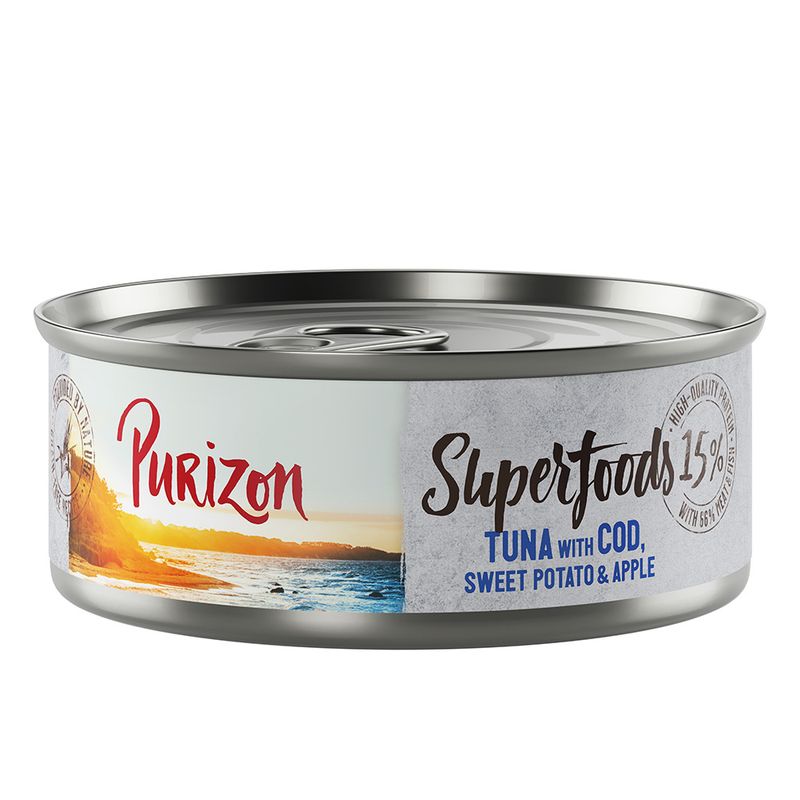 Purizon Superfoods can: tuna with cod, sweet potato and apple. 15% high-quality protein, 85% animal ingredients.