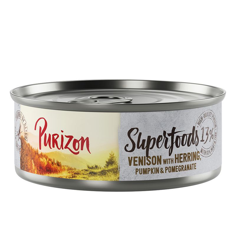 Purizon Superfoods tin, venison with herring, pumpkin & pomegranate, 13% protein, high-quality ingredients.