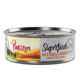 Purizon Superfoods can, wild boar with herring, sweet potato & apple, 13% protein, high-quality ingredients.