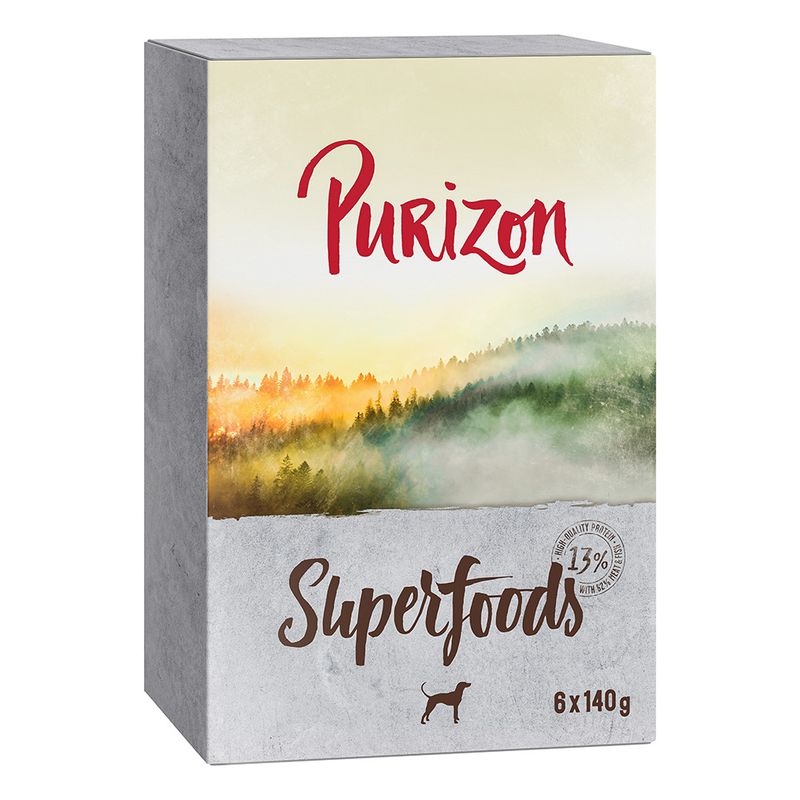 Purizon Superfoods, 6 x 140 g, with 13% protein. Packaging shows forest landscape and dog symbol.