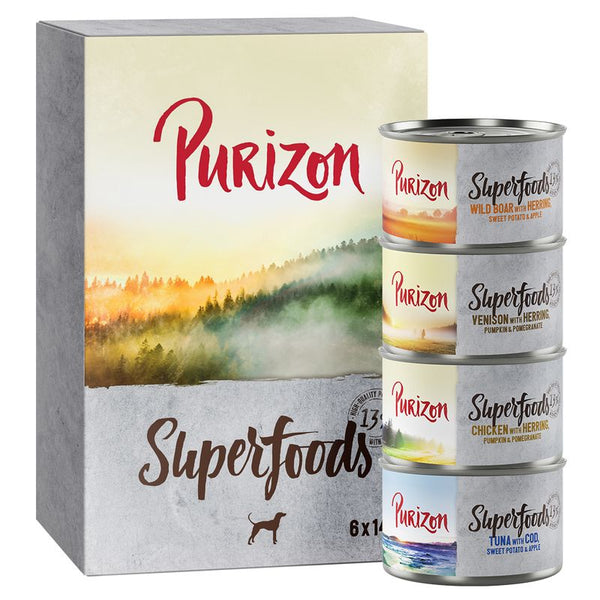 Purizon Superfoods wet food for dogs, 6x100g cans with varieties: wild boar with herring, venison with herring, chicken with herring, tuna with cod.