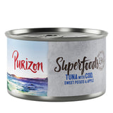 Purizon Superfoods can: tuna with cod, sweet potato and apple. High-quality ingredients, 17% protein content.