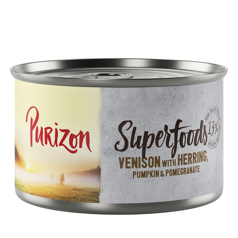 Purizon Superfoods, venison with herring, pumpkin and pomegranate. High-quality ingredients with 17% protein content.