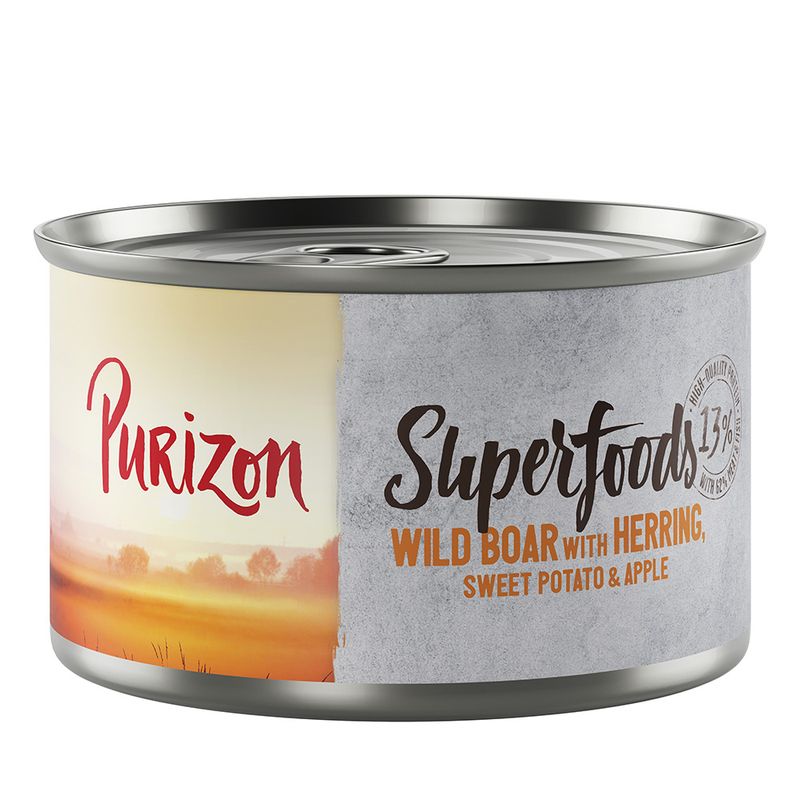 Purizon Superfoods can: wild boar with herring, sweet potato and apple. High-quality ingredients, 17% protein content.