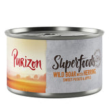 Purizon Superfoods can: wild boar with herring, sweet potato and apple. High-quality ingredients, 17% protein content.
