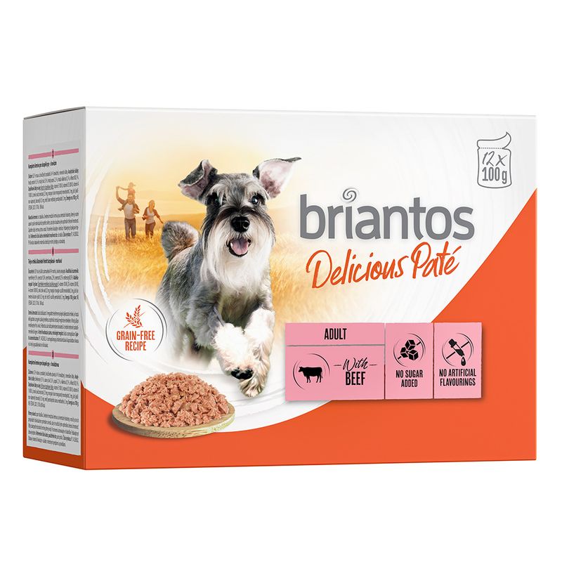 Briantos Delicious Paté for adult dogs, with beef, grain-free, no added sugar, no artificial flavours. Pack contains 12 x 100g.