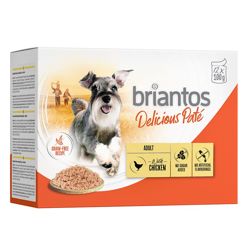 Briantos Delicious Paté for adult dogs, with chicken, grain-free recipe, no added sugar, no artificial flavours. Pack size: 12 x 100g.