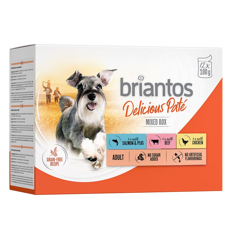 Briantos Delicious Paté Mixed Box, 12x100g. Varieties: salmon & peas, beef, chicken. For adult dogs. No added sugar, no artificial flavours, grain-free recipe.