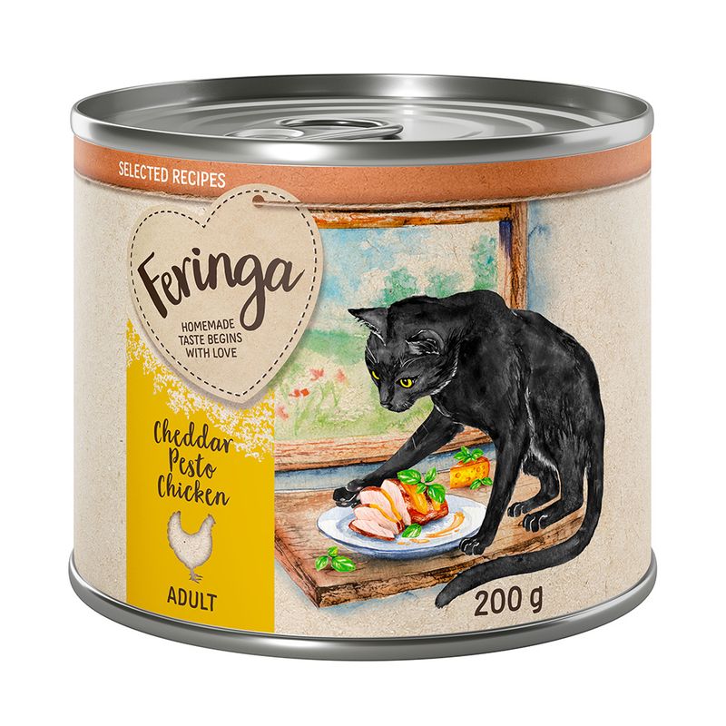 Feringa Adult cat food, Cheddar Pesto Chicken variety, 200g can. Illustration of a black cat with a plate of chicken in front of a window. Text: 'Homemade taste begins with love'.
