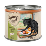 Feringa Adult wet food, Rosemary Lamb Chop, 200g can. Illustration of a black cat with a plate of lamb and pumpkin. Text: Homemade taste begins with love.