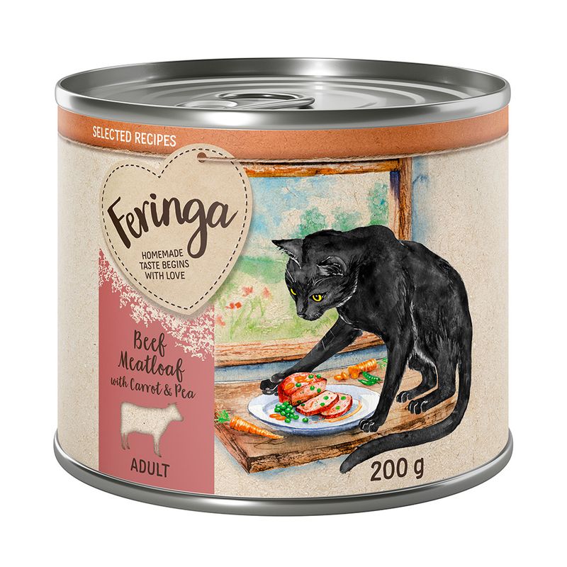 Feringa Adult beef meatloaf with carrot and pea, 200 g. Illustration of a black cat next to a plate of food. Text: 'Homemade taste begins with love'.