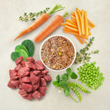 Ingredients: fresh beef, carrots, peas, spinach and herbs. Bowl with wet food made from these ingredients.