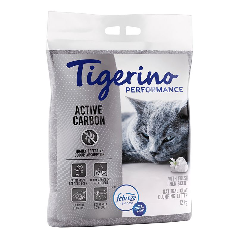 Tigerino Performance cat litter with activated carbon, Febreze fresh scent, highly clumping, ultra absorbent, low dust, natural clay, 12 kg.