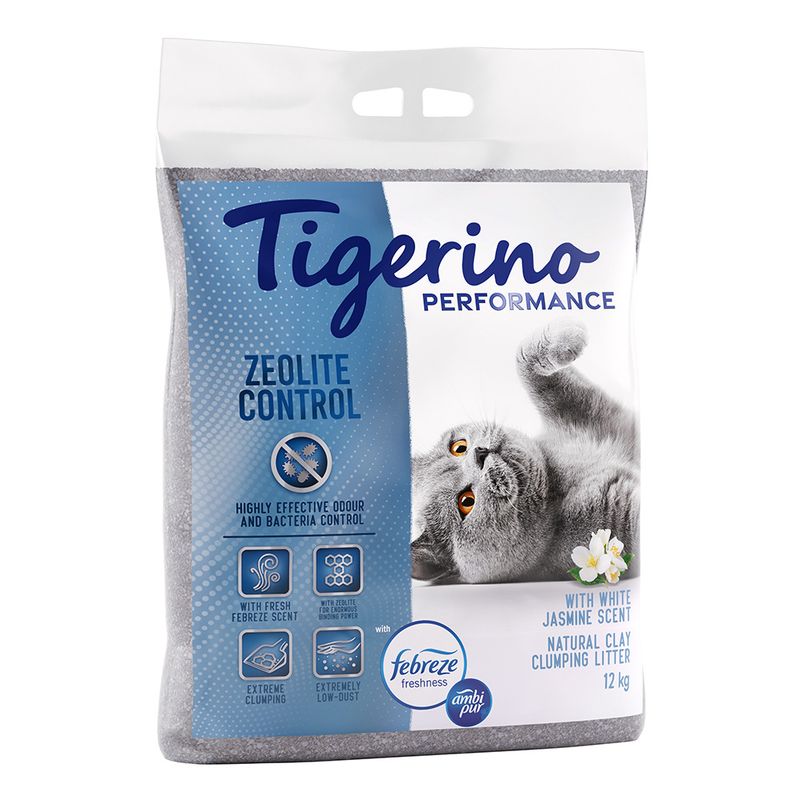 Tigerino Performance cat litter with Zeolite Control, Febreze scent, white jasmine, natural clumping litter, extremely low dust, effective odour and bacteria control, 12 kg.