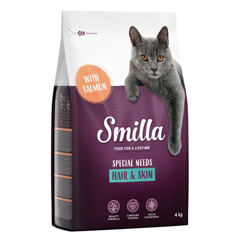 Smilla Special Needs Hair & Skin cat food with salmon, Beauty Formula, contains taurine and Yucca Schidigera, resealable packaging, 4 kg.