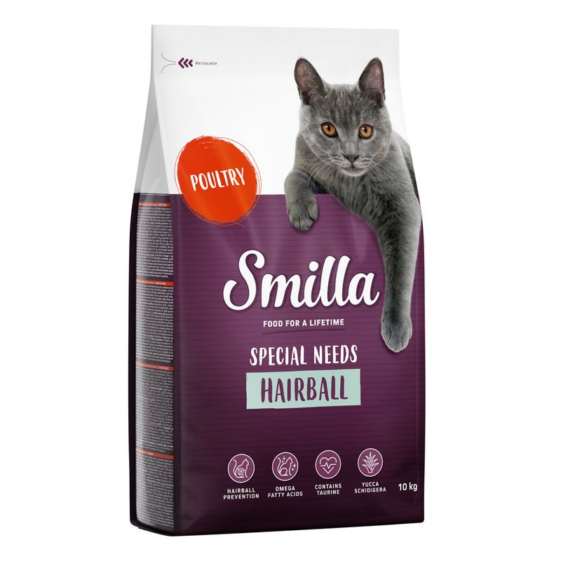Smilla Special Needs Hairball cat food with poultry, 10 kg. Contains omega fatty acids, taurine and Yucca Schidigera. Supports hairball prevention.