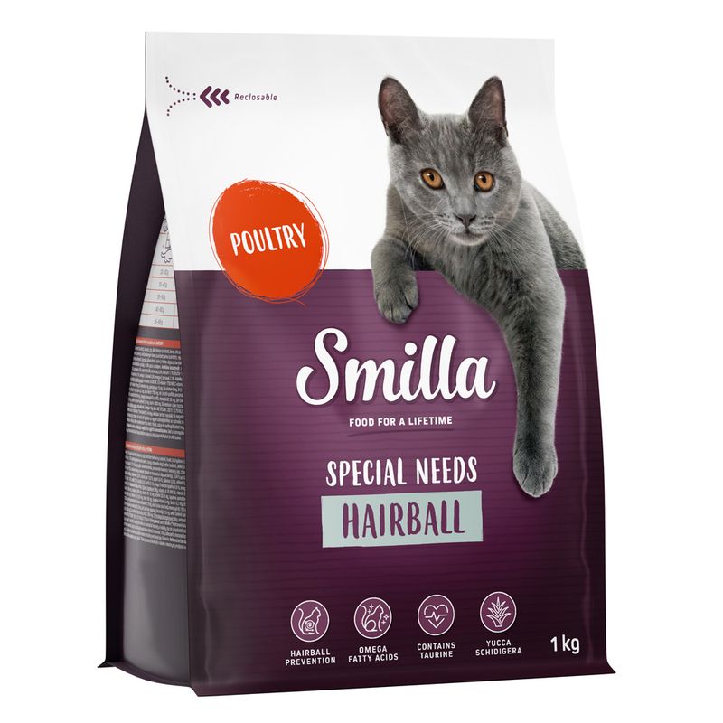 Smilla Special Needs Hairball cat food with poultry, 1 kg. Contains omega fatty acids, taurine and Yucca Schidigera. Resealable packaging.
