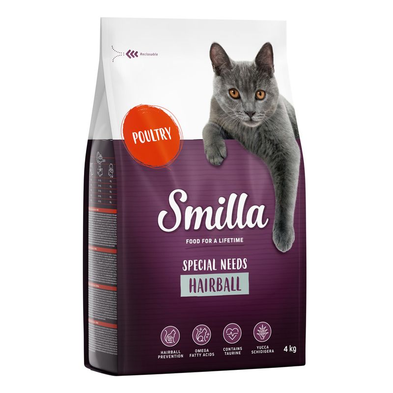 Smilla Special Needs Hairball cat food with poultry, 4 kg. Contains omega fatty acids, taurine and Yucca Schidigera. Resealable packaging.