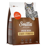 Smilla Special Needs Senior Sterilised cat food, rich in poultry, 1 kg. With balanced fat and energy content, omega fatty acids and Yucca Schidigera. Resealable packaging.