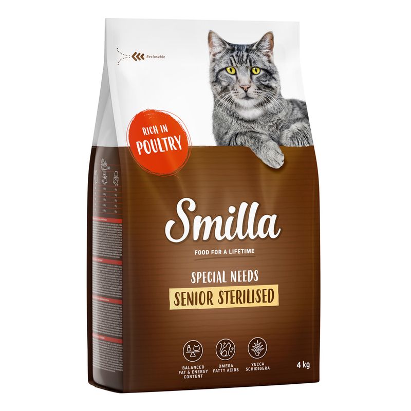 Smilla Senior Sterilised cat food, rich in poultry, 4 kg. With balanced fat and energy content, omega fatty acids and Yucca Schidigera. Resealable packaging.