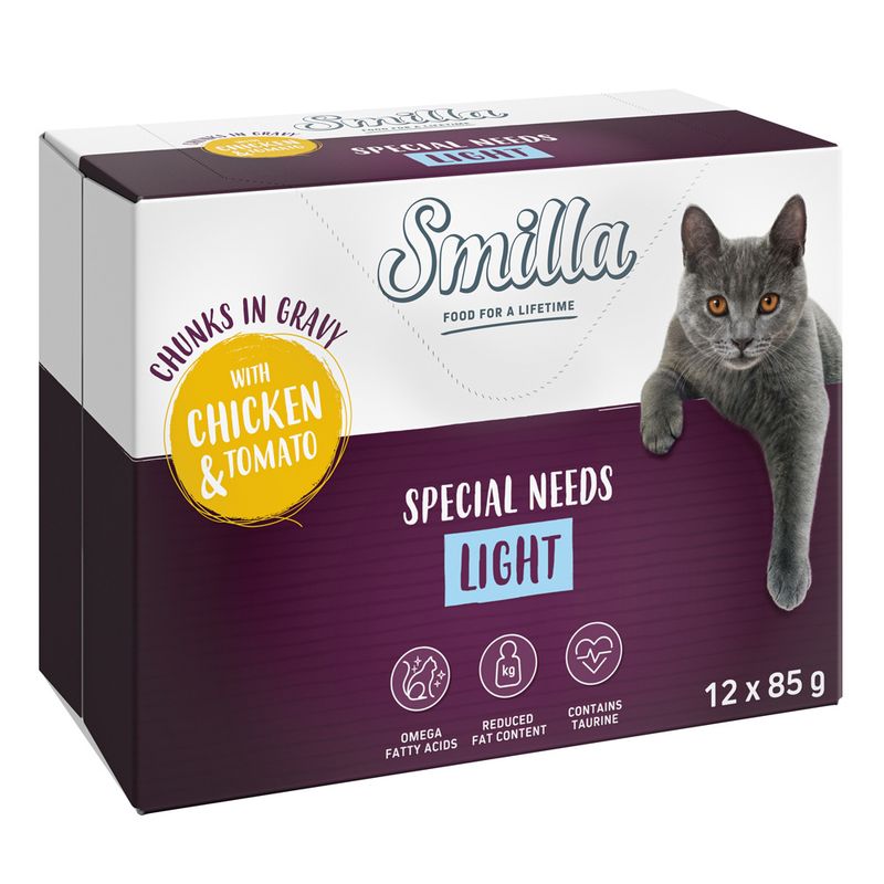 Smilla Special Needs Light, chunks in gravy with chicken & tomato, 12 x 85 g. Contains omega fatty acids, reduced fat content and taurine.